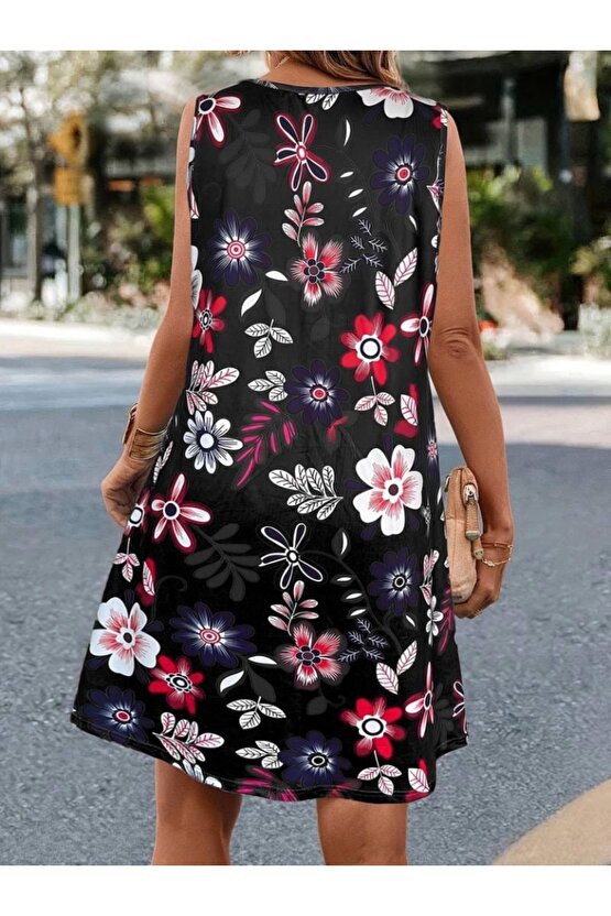 Kadın Askılı Yuvarlak Yaka Desenli A Kesim Süprem Elbise