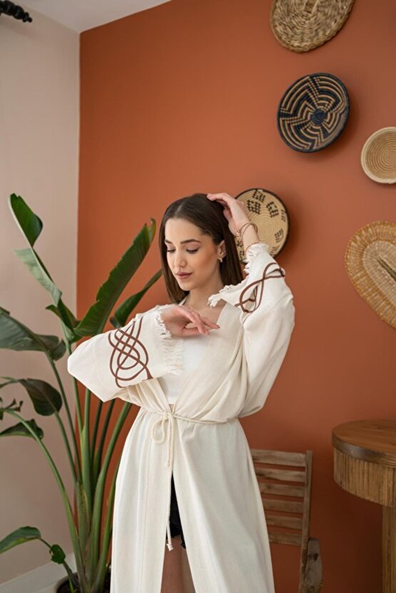 eyesof Kahverengi Baskı Detay Keten Hırka