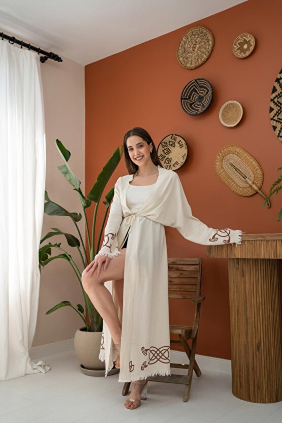 eyesof Kahverengi Baskı Detay Keten Hırka