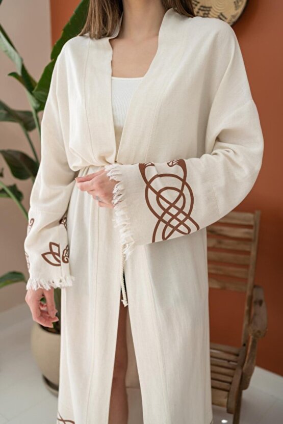 eyesof Kahverengi Baskı Detay Keten Hırka