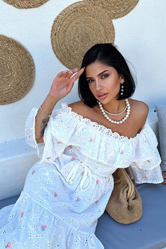 eyesof Pembe Omuzları Lastikli Brode Elbise