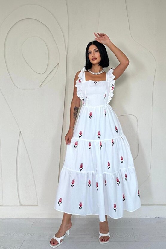 eyesof Kırmızı Sıfır Kol Fırfırlı Elbise