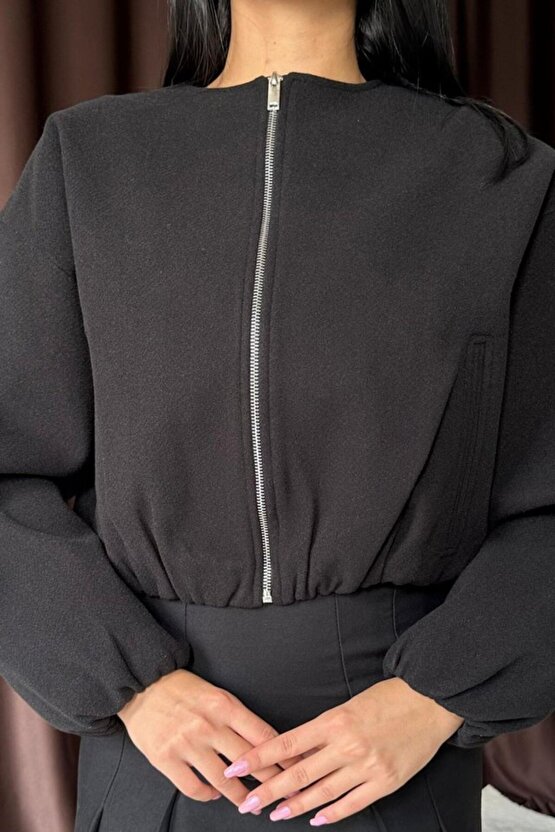eyesof Siyah Kısa Önü Fermuarlı Bomber Ceket