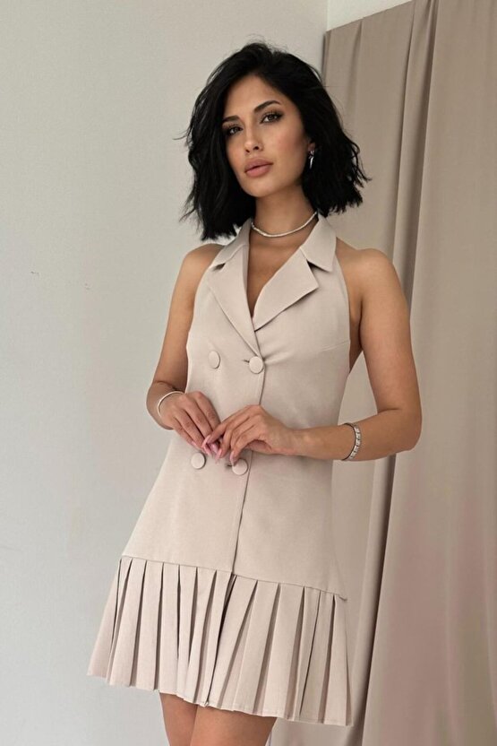 eyesof Bej Sırtı Açık Ceket Yakalı Elbise