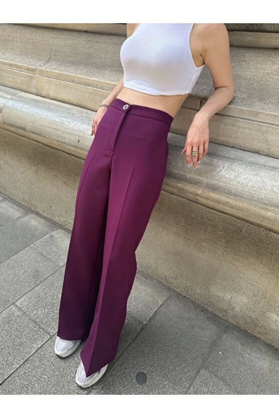 Yüksek Bel Palazzo Metal Düğme  Pantolon