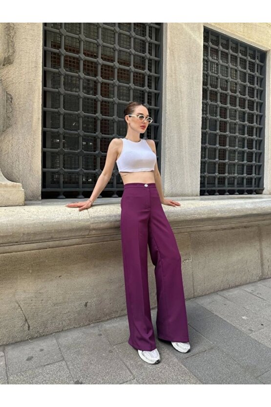 Yüksek Bel Palazzo Metal Düğme  Pantolon