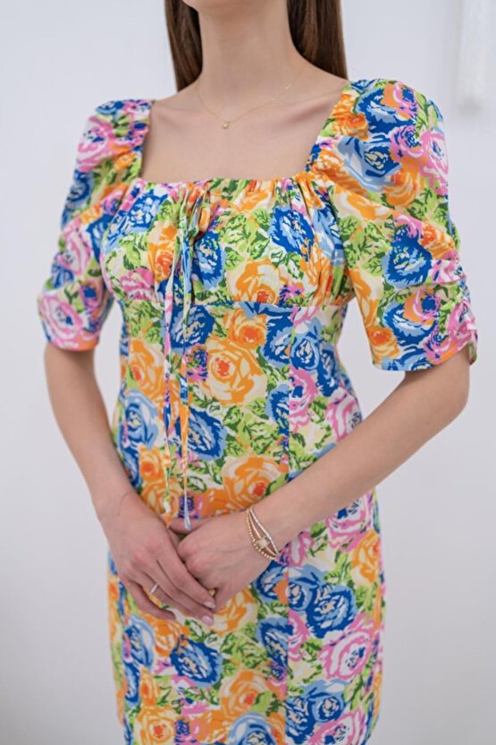 eyesof Desenli Boyundan Bağlamalı Desenli Elbise