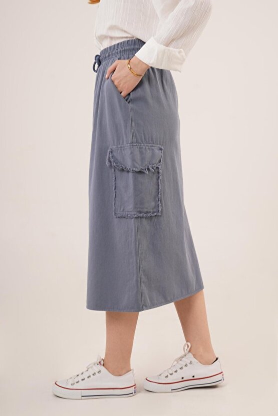 eyesof Ön Yırtmaçlı Cep Detaylı İndigo Etek