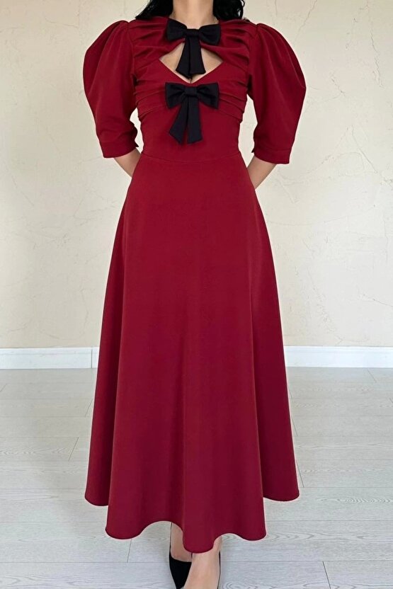 Bordo Ön Dekolteli Fiyonk Garnili Uzun Elbise