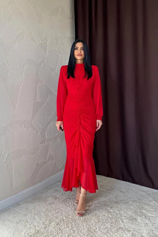 Kırmızı Önü Büzgülü Şifon Elbise