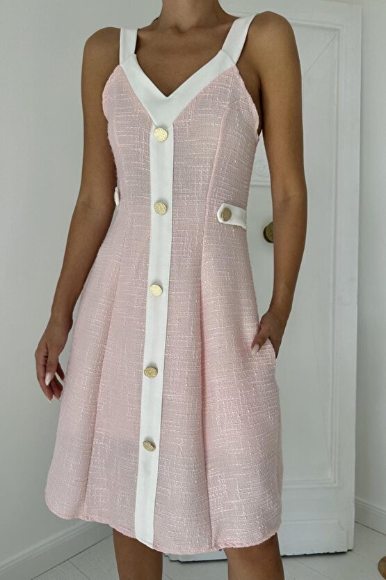 eyesof Pudra Ekru Süs Cepli Askılı Elbise