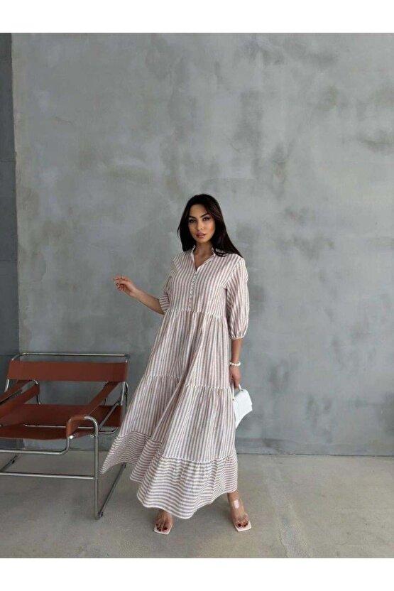 ÇİZGİLİ KETEN HAKİM YAKA DÜĞMELİ SALAŞ ELBİSE - Kahverengi
