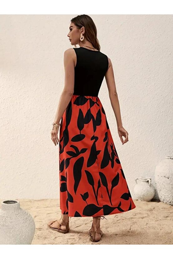 Kadın Askılı Yuvarlak Yaka üst Viskon Alt Desenli Uzun Süprem Elbise