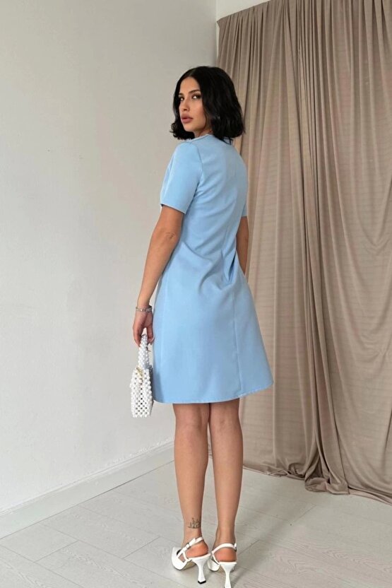 Mavi Kısa Kol Atlas Mini Elbise