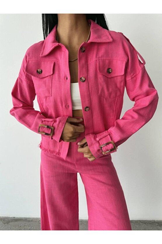 eyesof KETEN PÜSKÜL DETAYLI GÖMLEK-PANTOLON TAKIM - Fuşya