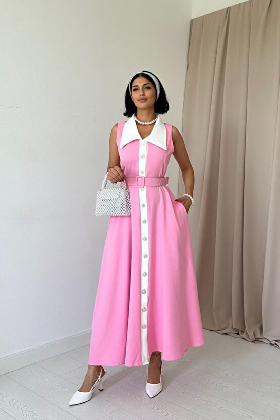 eyesof Pembe Geniş Yakalı Halter Kollu Elbise