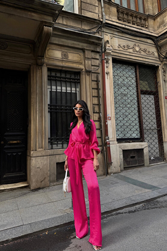 eyesof SATEN KRUVAZE BAĞLAMALI BLUZ- PANTOLON TAKIM - Fuşya