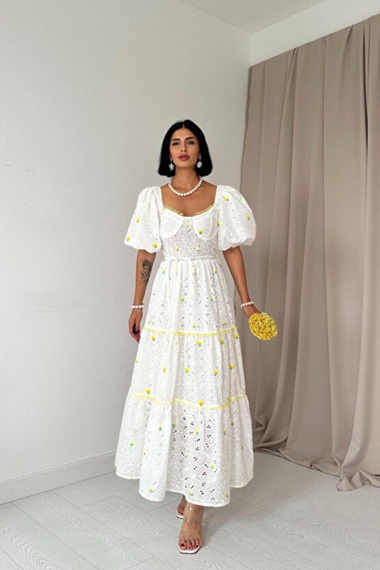 eyesof Sarı Dantel Detaylı Brode Elbise