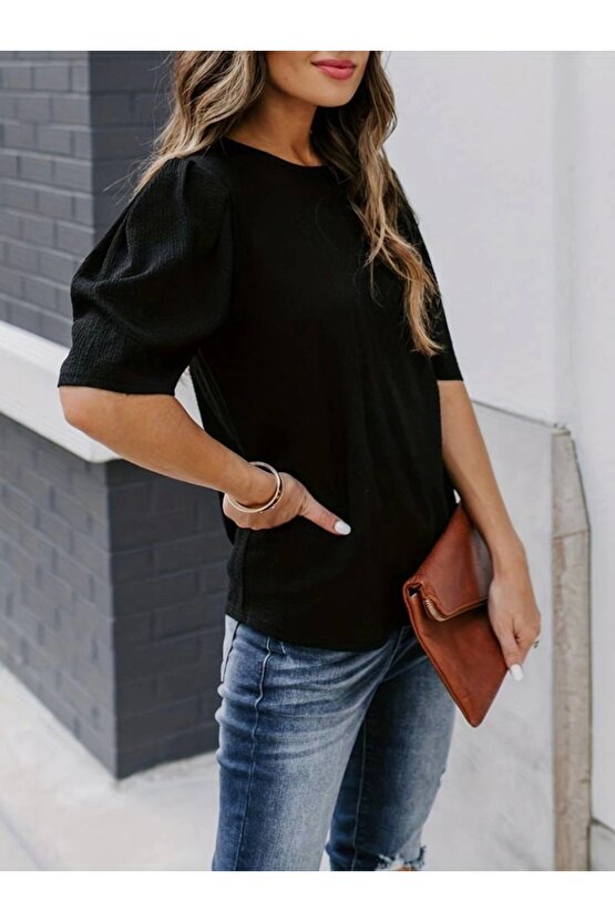 Kadın Kısa Kollu Pileli Balın Kol Bürümcük Bluz