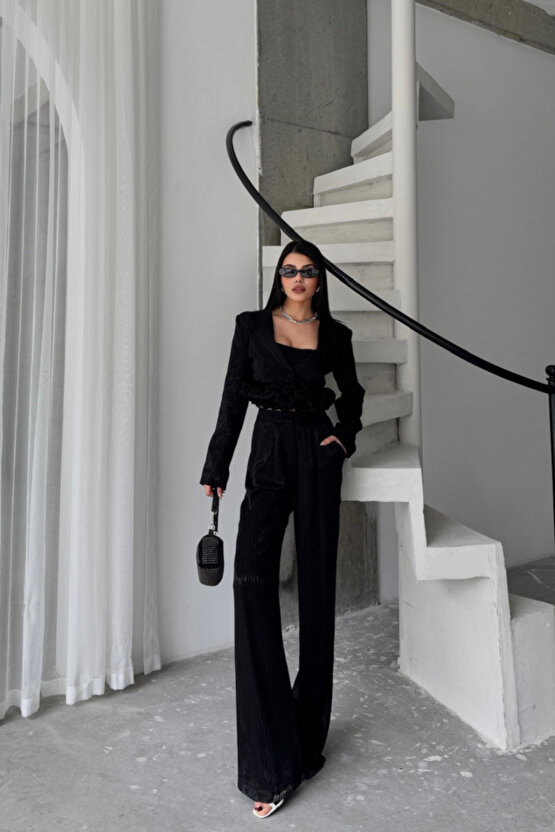 eyesof JAKARLI BLUZU TASARIM DETAYLI CEKET-PANTOLON-BLUZ 3 LÜ TAKIM - Siyah