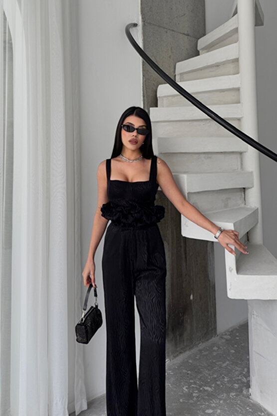 eyesof JAKARLI BLUZU TASARIM DETAYLI CEKET-PANTOLON-BLUZ 3 LÜ TAKIM - Siyah