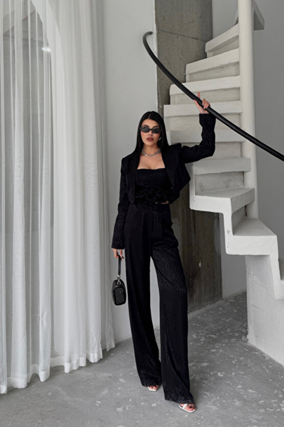 eyesof JAKARLI BLUZU TASARIM DETAYLI CEKET-PANTOLON-BLUZ 3 LÜ TAKIM - Siyah