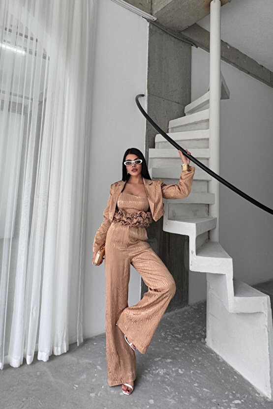 eyesof JAKARLI BLUZU TASARIM DETAYLI CEKET-PANTOLON-BLUZ 3 LÜ TAKIM - Bej