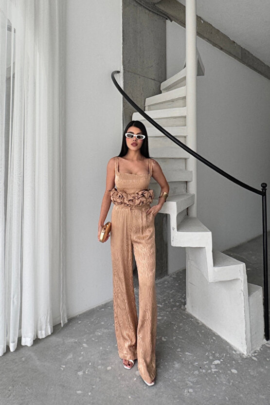 eyesof JAKARLI BLUZU TASARIM DETAYLI CEKET-PANTOLON-BLUZ 3 LÜ TAKIM - Bej