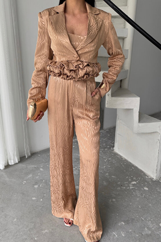 eyesof JAKARLI BLUZU TASARIM DETAYLI CEKET-PANTOLON-BLUZ 3 LÜ TAKIM - Bej