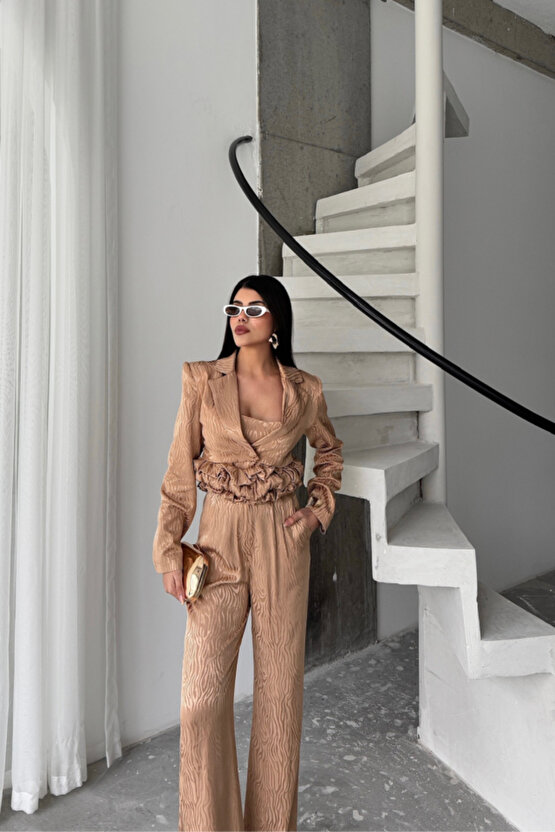 eyesof JAKARLI BLUZU TASARIM DETAYLI CEKET-PANTOLON-BLUZ 3 LÜ TAKIM - Bej