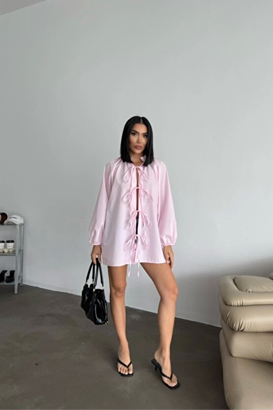 GÖMLEK POPLİN HAKİM YAKA ÖNDEN BAĞLAMA İP DETAYLI - Pembe