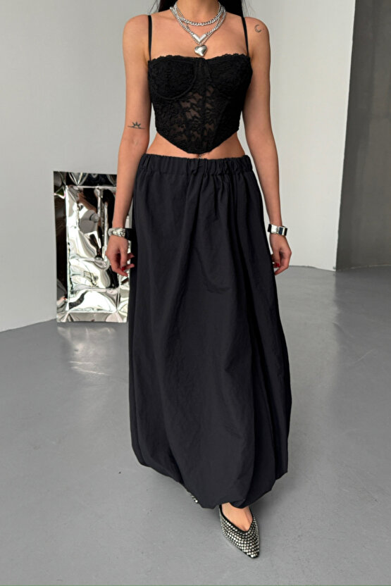 eyesof BEL LASTİKLİ BALON ETEK ŞANEL BOY SOFT KUMAŞ - Siyah