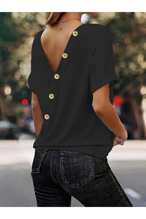 Kadın Sırt Ve Düğme Detaylı Sandy Kumaş Bluz