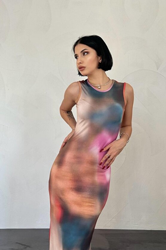 eyesof Bej Batik Desenli Elbise