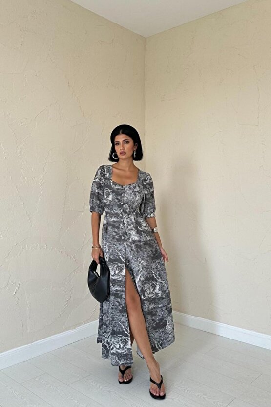 eyesof Haki Önü Düğmeli Kalp Yaka Elbise