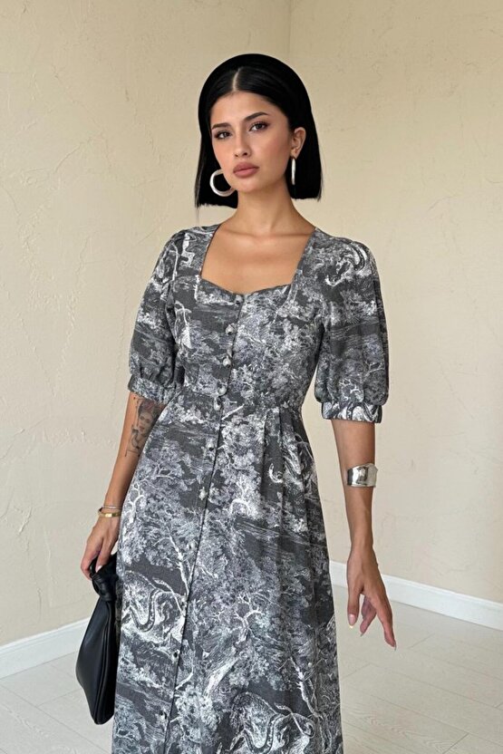 eyesof Haki Önü Düğmeli Kalp Yaka Elbise