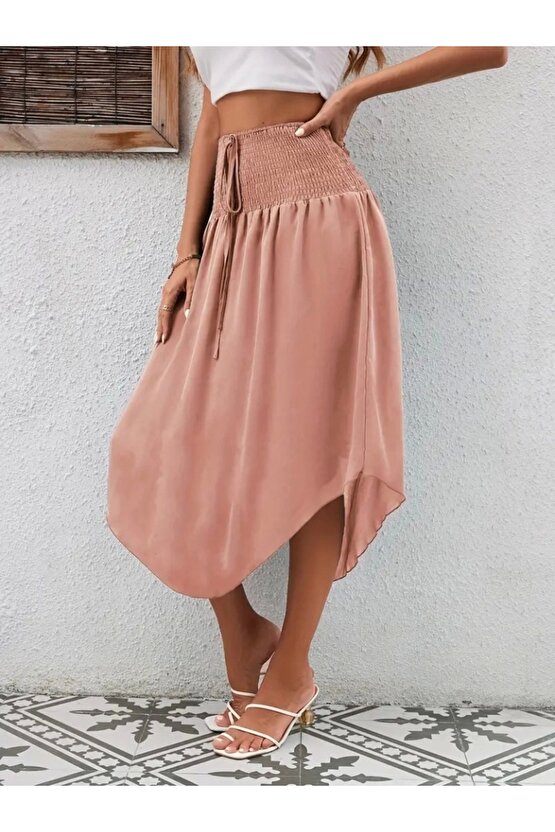 Kadın Yüksek Bel Belden Bağlamalı Asimetrik Kesim Detaylı Sandy Etek