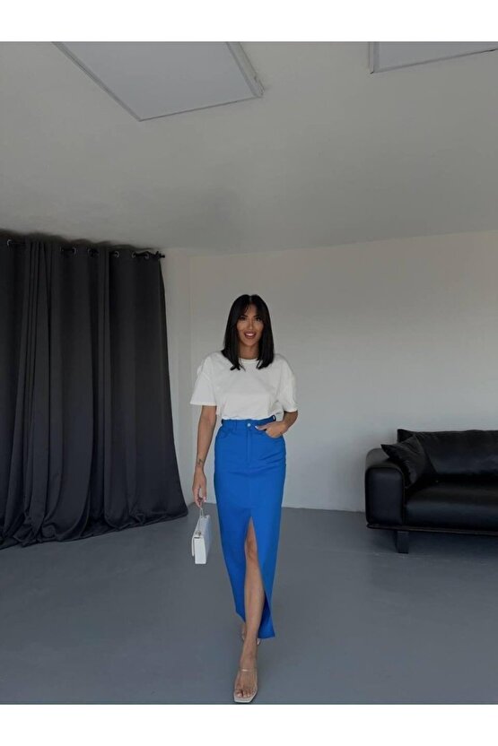 eyesof GABARDİN UZUN ÖNDEN YIRTMAÇLI ETEK - Saks