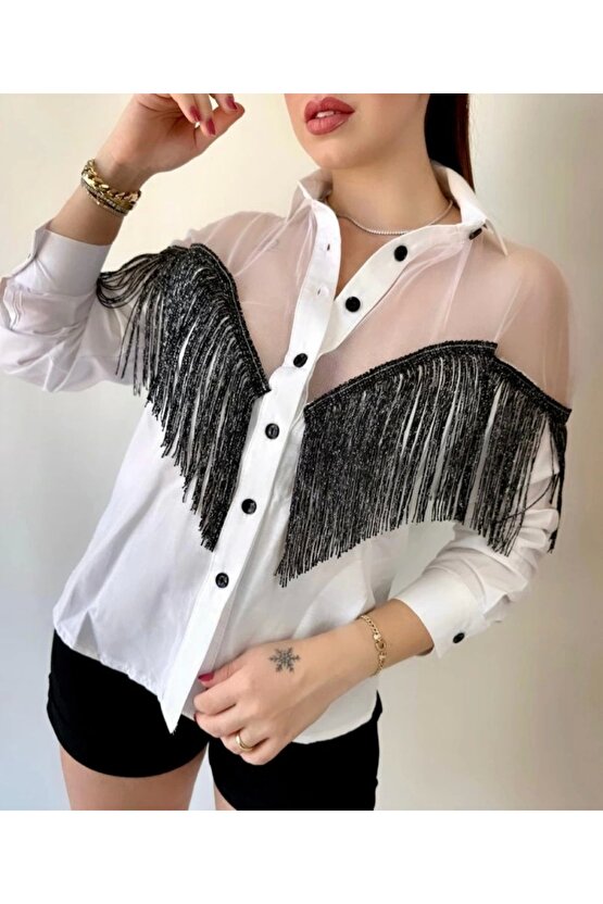 Kadın Püskül Detay Poplin Gömlek Bluz Fırsat Ürün