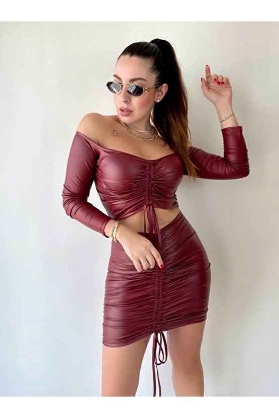 Kadın Büzgülü Deri Etek Takım Fırsat Ürün