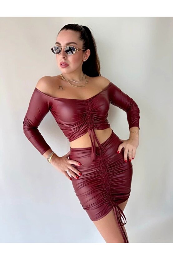 Kadın Büzgülü Deri Etek Takım Fırsat Ürün