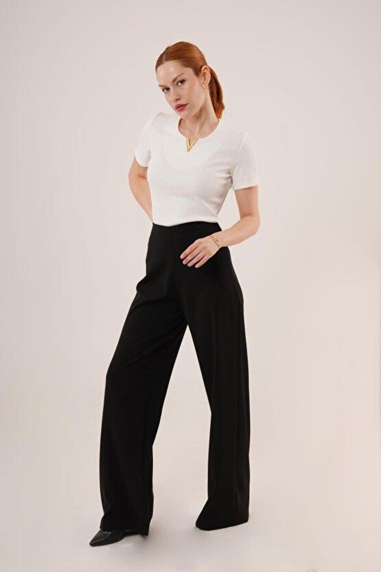 Bol Paça Yandan Fermuarlı Siyah Kumaş Pantolon