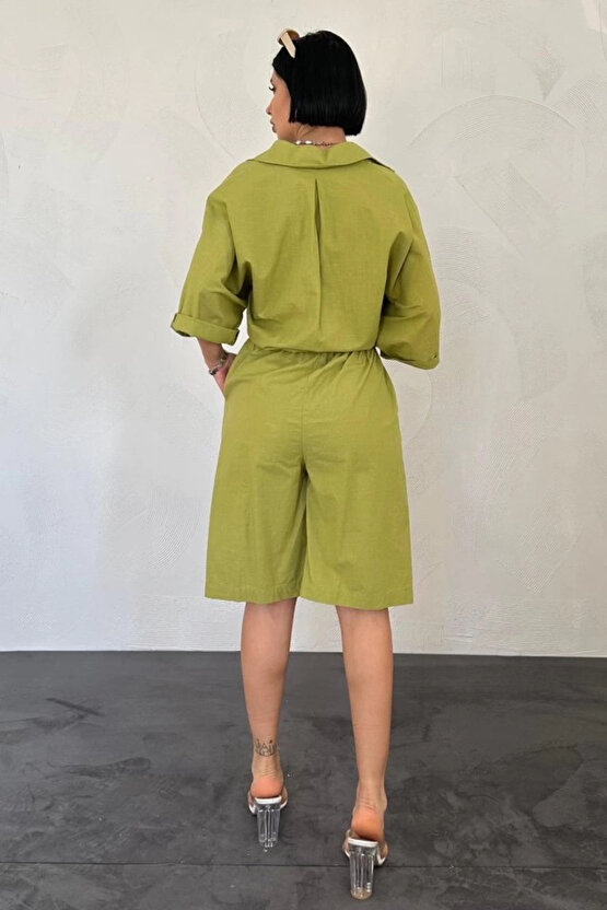 Yağ Yeşili Kısa Kollu Keten Gömlek Ve Şort Takım