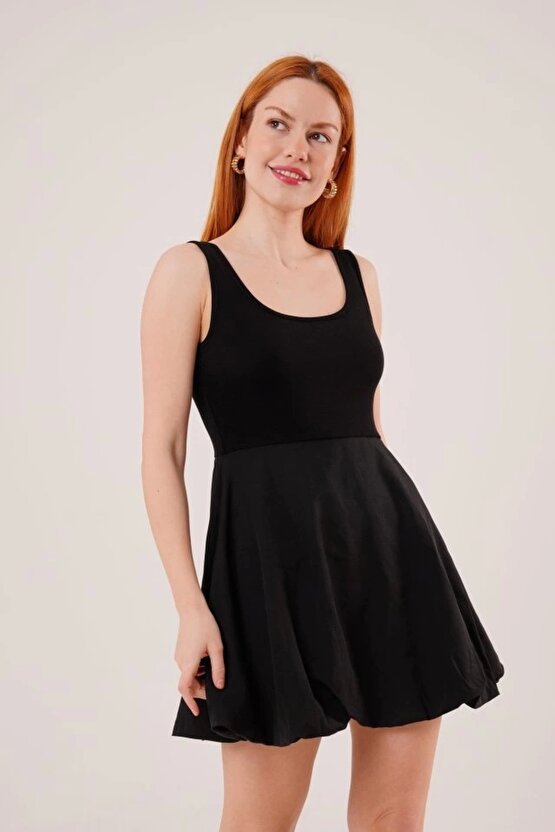 Kalın Askılı Balon Etek Siyah Elbise