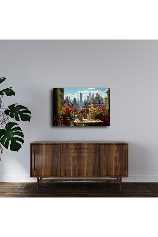 New York Terasında Çiçekli Masa Cam Tablo