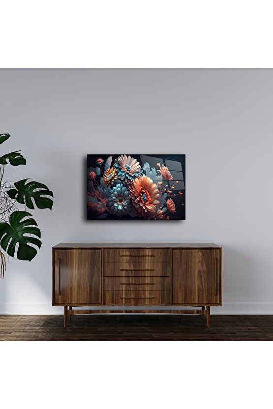 Canlı Turuncu ve Mavi Çiçek Temalı Sanatsal Duvar Posteri