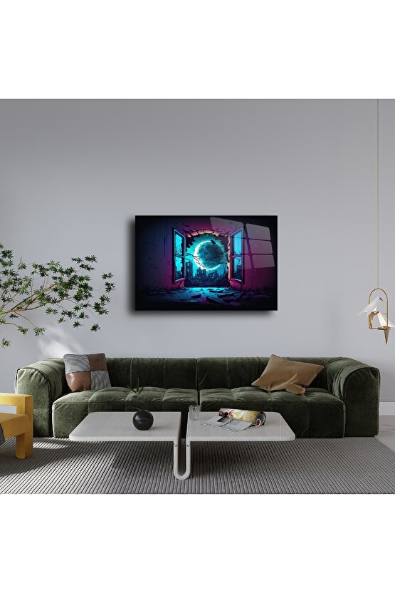 Neon Ay Manzaralı Fantastik Cam Tablo
