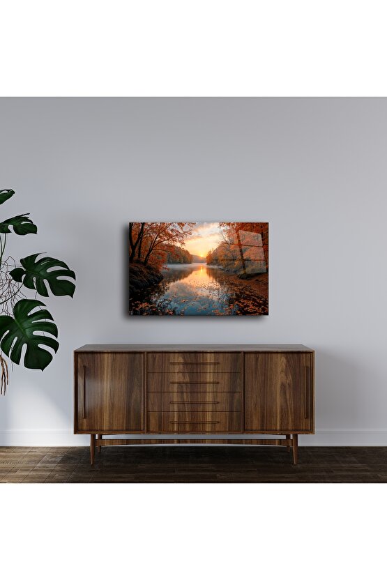 Sonbahar Ormanı Gün Batımı Cam Tablo
