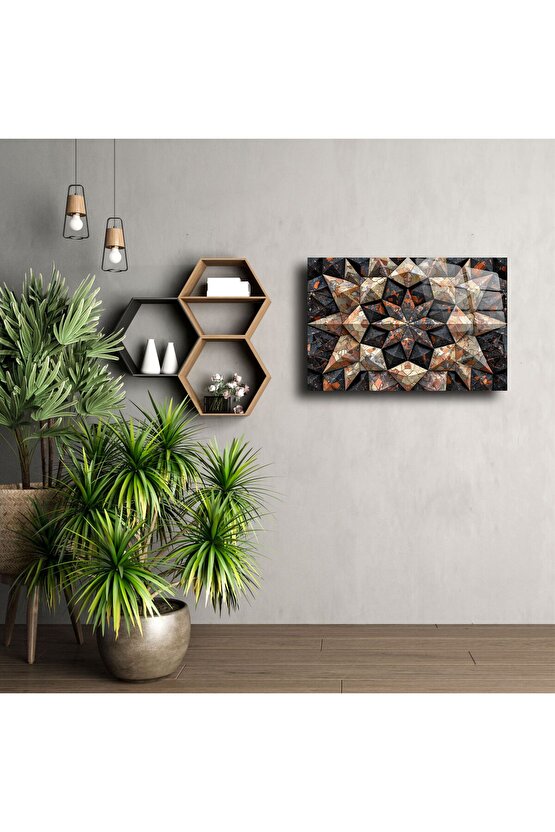 Geometrik Mermer Desenli Siyah Cam Tablo