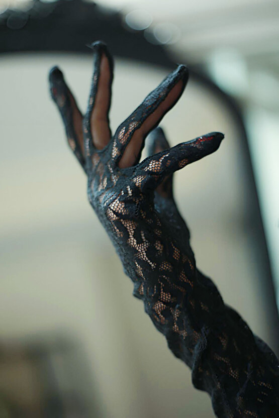 Uzun Siyah Dantel Gelin Eldiveni